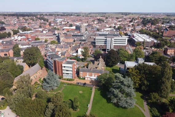 Wellingborough Northants View of Wellingborough, Northamptonshire from the air looking across from Swanspool Gardens.