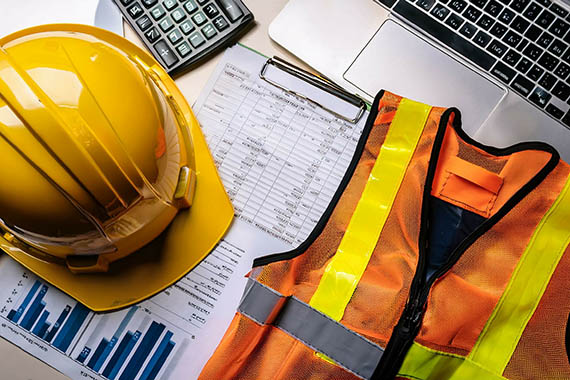 Construction Industry workers hard har and hi-vis vest on a desk with a calculator and a laptop