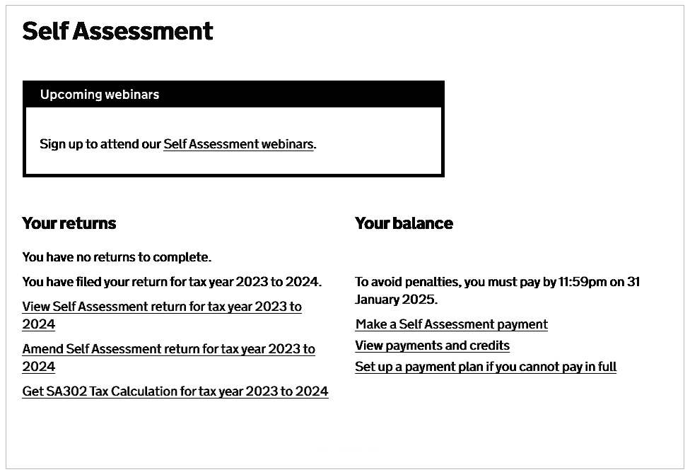 A screenshot of what you will see when you log in to your Government Gateway account to set-up a payment plan